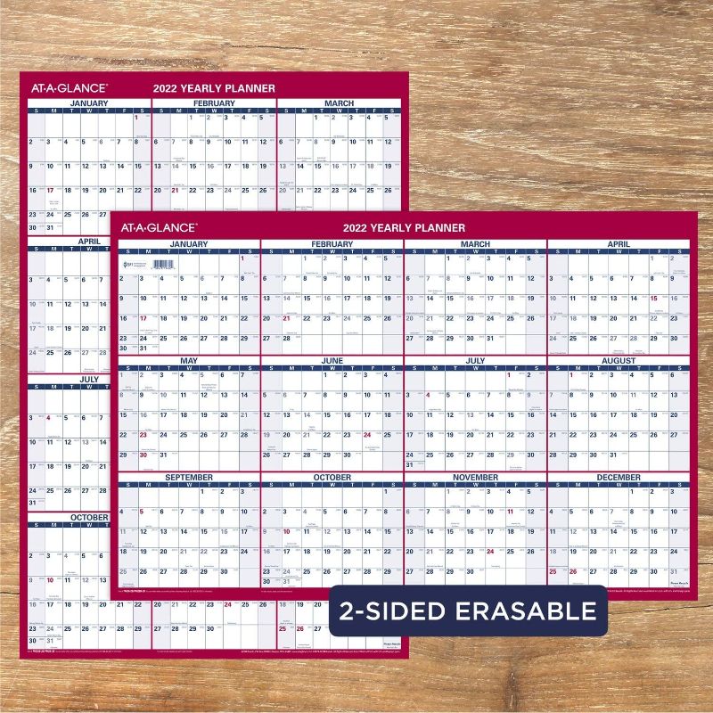 Photo 1 of 2022 Erasable Calendar, Dry Erase Wall Planner by AT-A-GLANCE, 36" x 24", Large, Yearly, Vertical/Horizontal, Reversible