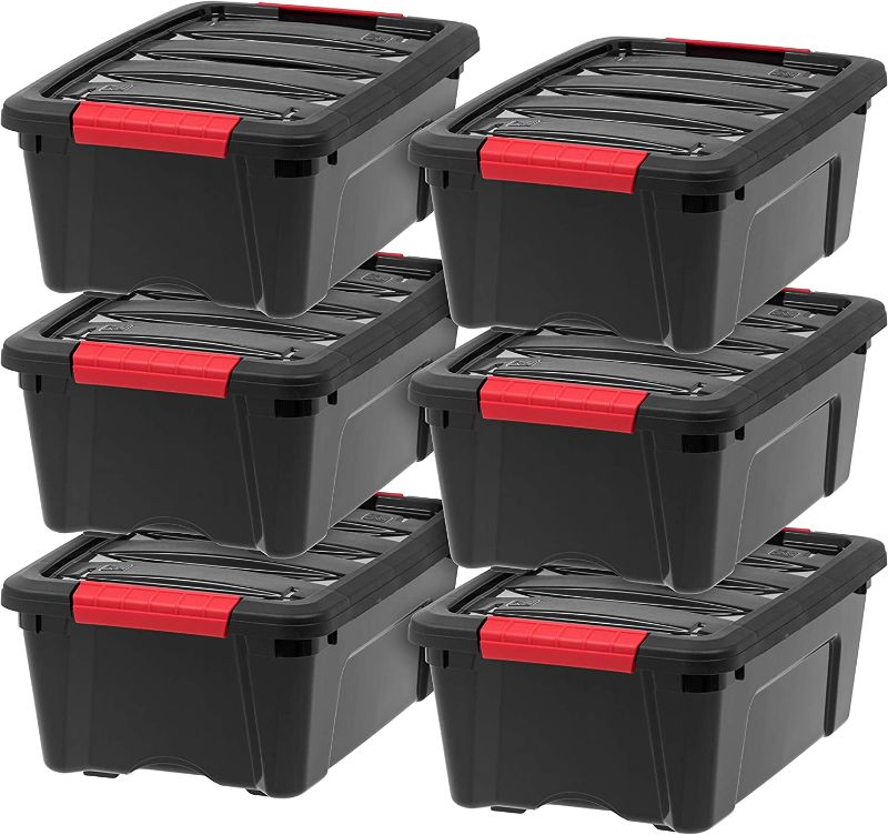 Photo 1 of IRIS USA 12 Qt. Plastic Storage Bin Container with Durable Lid and Secure Latching Buckles, 6-Pack, Sturdy Stackable and Nestable Organizer Tote with Pull Handle for Easy Access and Storage, Black