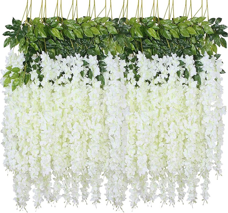 Photo 1 of Fake Hanging Flowers - 12 Pieces 3.75 Feet/Piece Artificial Wisteria Vine Ratta Hanging Garland Silk Flowers for Home Party Wedding Decor (White)