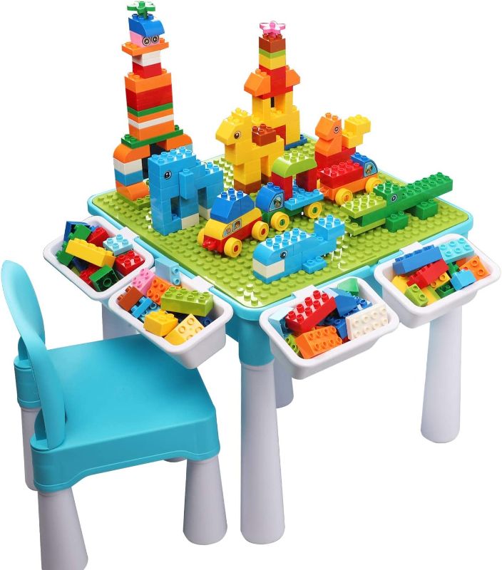 Photo 1 of Kids 5-in-1 Multi Activity Table Set - 128 Pieces Large Building Blocks Compatible Bricks Toy, Play Table Includes 1 Chair and Building Block Table with Storage, Green Baseplate Board/Blue Color