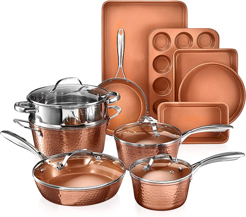 Photo 1 of Gotham Steel Hammered Copper Collection – 15 Piece Premium Cookware & Bakeware Set with Nonstick Coating, Aluminum Composition– Includes Fry Pans, Stock Pots, Bakeware Set & More, Dishwasher Safe