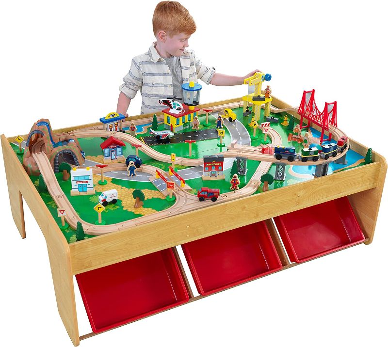 Photo 1 of -INCOMPLETE SET- 
KidKraft Waterfall Mountain Wooden Train Set & Table with 120 Pieces, 3 Storage Bins, Gift for Ages 3+
