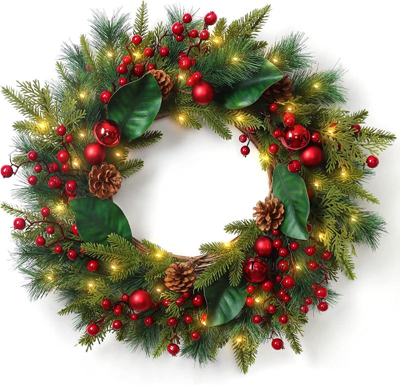 Photo 1 of 24 Inch Large Prelit Christmas Wreath Decoration With Timer 80 Lights Thick Realistic Spruce Tips 33 Glitter Balls 16 Pine Needles Battery Operated Xmas Wreath Decor for Front Door Indoor Outdoor Home
