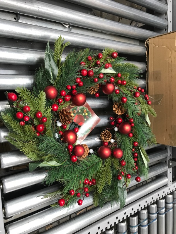 Photo 2 of 24 Inch Large Prelit Christmas Wreath Decoration With Timer 80 Lights Thick Realistic Spruce Tips 33 Glitter Balls 16 Pine Needles Battery Operated Xmas Wreath Decor for Front Door Indoor Outdoor Home
