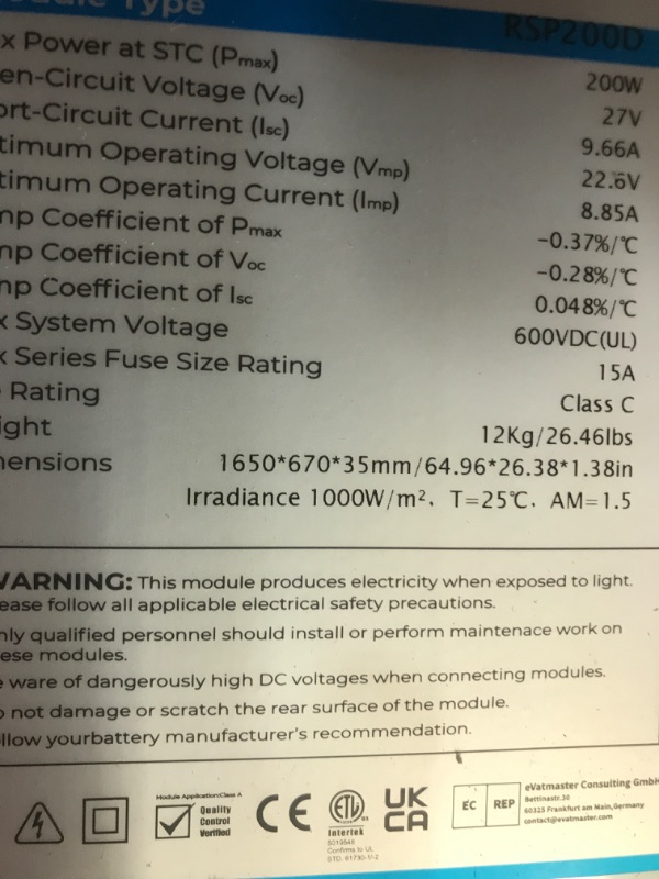 Photo 2 of 200-Watt 12-Volt Monocrystalline Solar Panel for Off Grid Large System Residential Commercial House Cabin Sheds Rooftop