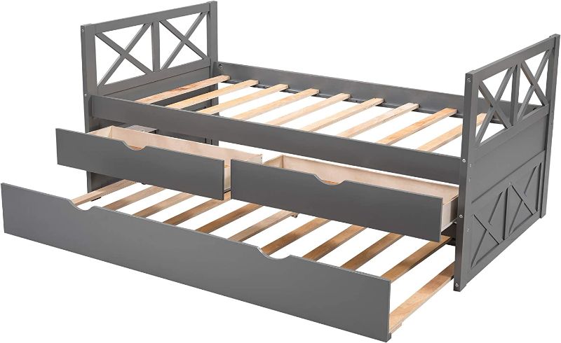 Photo 1 of **INCOMPLETE**- BOX 2 OF 2**- GLORHOME Twin Platform Bed,Multifunctional Wood Storage DayBed Sofa Bed Frame with Trundle and Two Drawers for Living Room Bedroom, Grey
