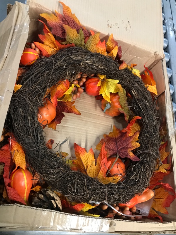 Photo 2 of 22 Inch Fall Wreath for Front Door Autumn Maple Leaf Door Wreath with 30 Lights Artificial Pumpkin Pine Cone Berry for Thanksgiving & Halloween Wreath Decorations