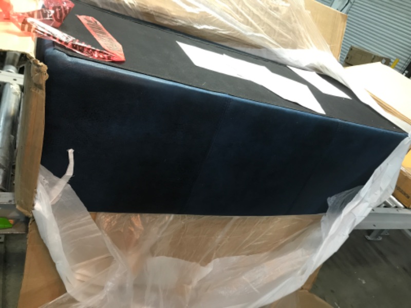 Photo 2 of ***SEE NOTE*** SIMPLIHOME Avalon 42 inch Wide Contemporary Rectangle Storage Ottoman in Distressed Dark Blue Faux Leather, for the Living Room, Entryway and Family Room
