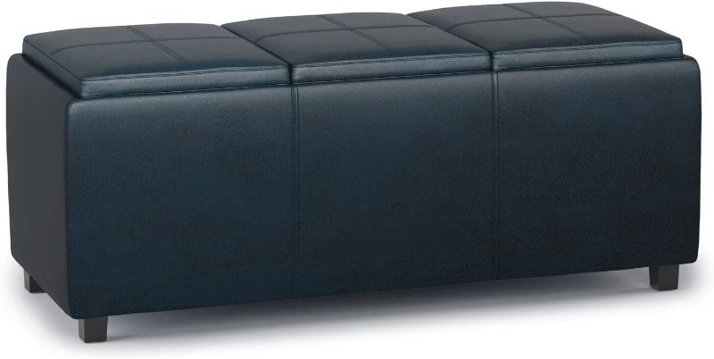 Photo 1 of ***SEE NOTE*** SIMPLIHOME Avalon 42 inch Wide Contemporary Rectangle Storage Ottoman in Distressed Dark Blue Faux Leather, for the Living Room, Entryway and Family Room
