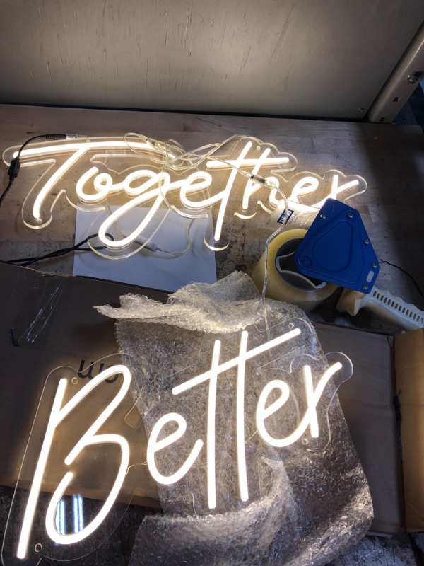 Photo 3 of ATOLS Better Together Large Neon Sign for Wall Decor,with Dimmable Switch,Reusable Neon Light Sign for Engagement Party,Wedding Decoration,Warm White 23.5x10.5 & 17.5x8.5Inch (Power Adapter included)
