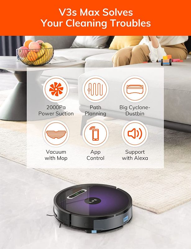 Photo 2 of ILIFE V3s Max Robot Vacuum Cleaner - 2000Pa Suction Power Automatic Robot Vacuum and Mop Combo Compatible with Alexa - Carpet Hardwood Floor Cleaning Smart Robotic Vacuum Cleaner Pet Hair
