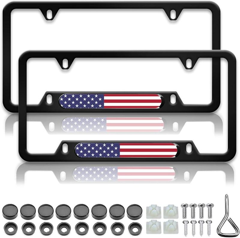 Photo 1 of 2 Pieces for American Flag Thin Red Line License Plate Frames Covers with Zinc Alloy Logo Anti-Theft Screws,4 Hole Narrow Side Design Does Not Block The Firefighter License Plate
