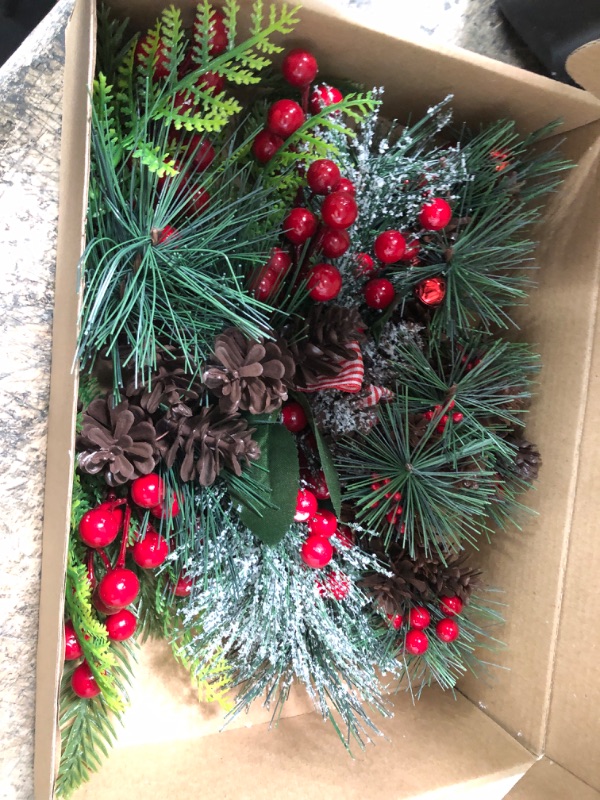 Photo 2 of 15 Pieces Artificial Pine Picks Christmas Artificial Pine Picks Ornaments Fake Red Small Berries Pinecone Pine Branches Pine Needles Decorations for Christmas Flower Arrangements Decorations