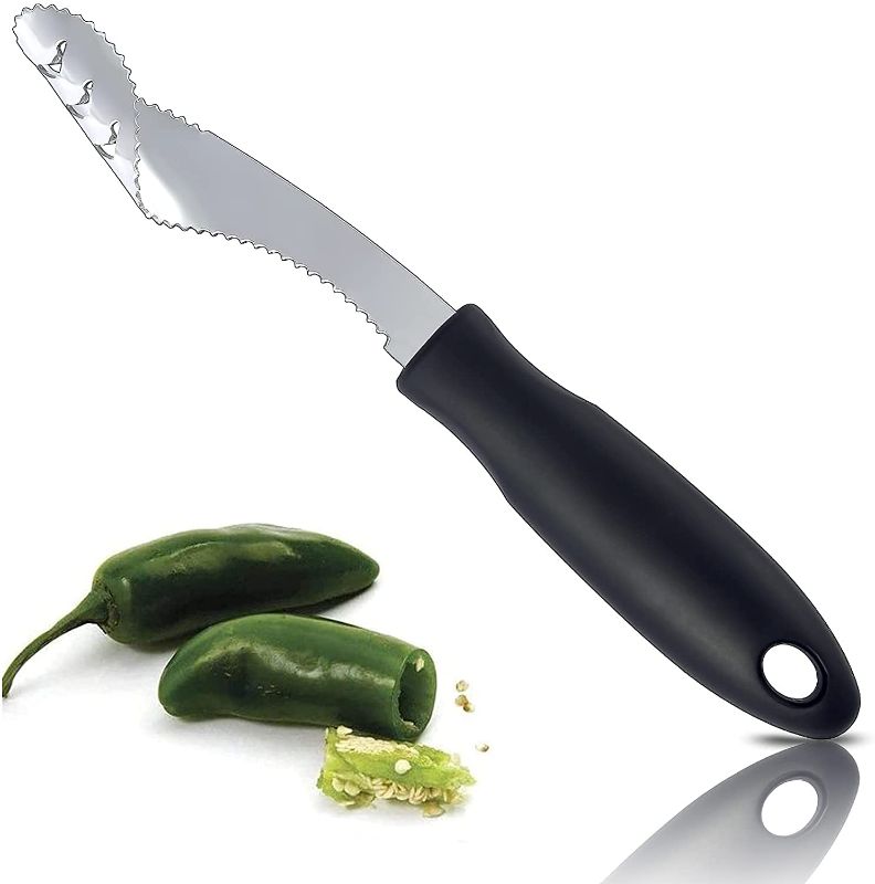 Photo 1 of 5 pk- Jalapeno Pepper Corer,FIOTOK Stainless Steel Chili Corer Remover kitchen Tool with Serrated Slice and Rubber Handle Easily Seed Remover or Slice off Vegetables tops for Barbecue Roasting Peppers Black