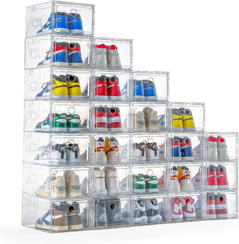 Photo 1 of 12 Pack Shoe Storage Box Shoe Box Clear Plastic Stackable Drop Front Shoe Organizer Space Saving Foldable Shoe Container Bin Fit up to US Size 12 (Transparent)