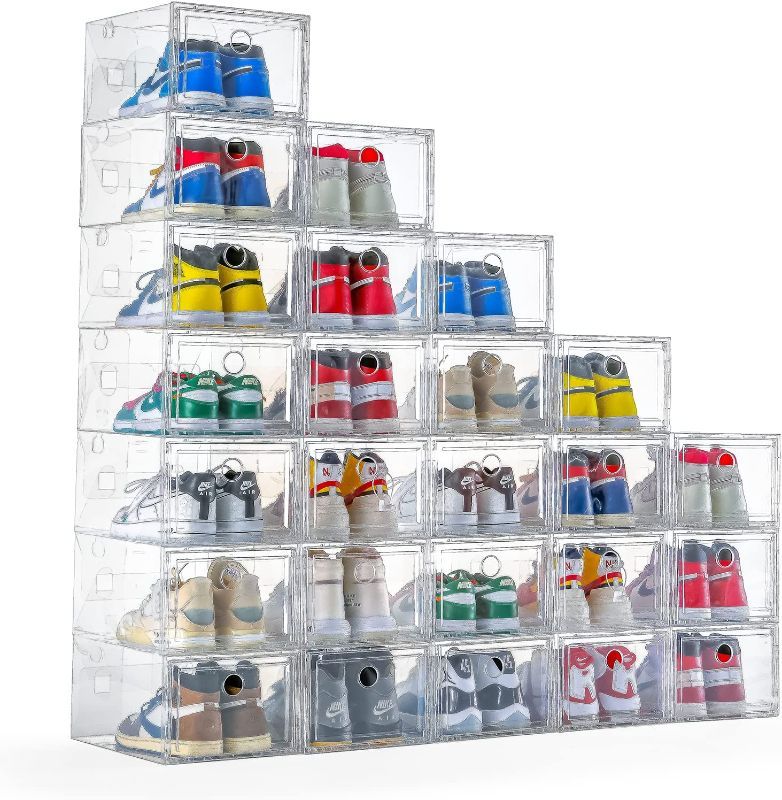 Photo 1 of 12 Pack Shoe Storage Box Shoe Box Clear Plastic Stackable Drop Front Shoe Organizer Space Saving Foldable Shoe Container Bin Fit up to US Size 12 (Transparent)
