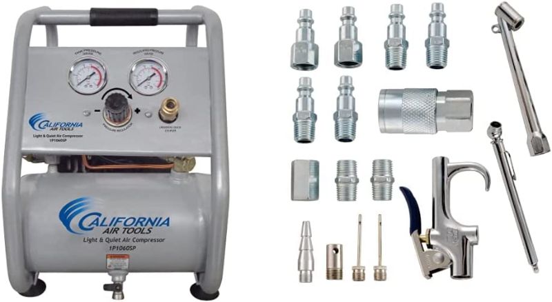 Photo 1 of CALIFORNIA AIR TOOLS CAT-1P1060SP GAL 56DB Air Compressor & Accessory Kit, 17 Piece Compressor Inflation Kit, with Blow Gun, Air Chucks, & Inflation Needles (Campbell Hausfeld MP284701AV)
