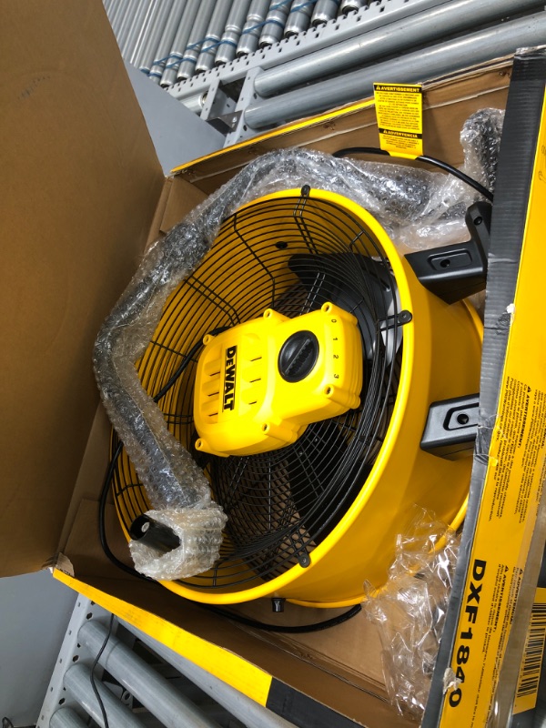 Photo 2 of **motor turns on, fan blades do not move**nonfunctional**
DEWALT Industrial Floor Fan, 18 Inch Drum Fan, 3-Speed Heavy Duty Air Circulator with Adjustable Tilt, Model: DXF1840 , Yellow
