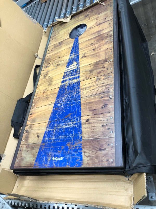 Photo 1 of **damaged**
GoSports 4'x2' Classic Cornhole Set with Rustic Wood Finish | Includes 8 Bags, Carry Case and Rules, Red/Blue