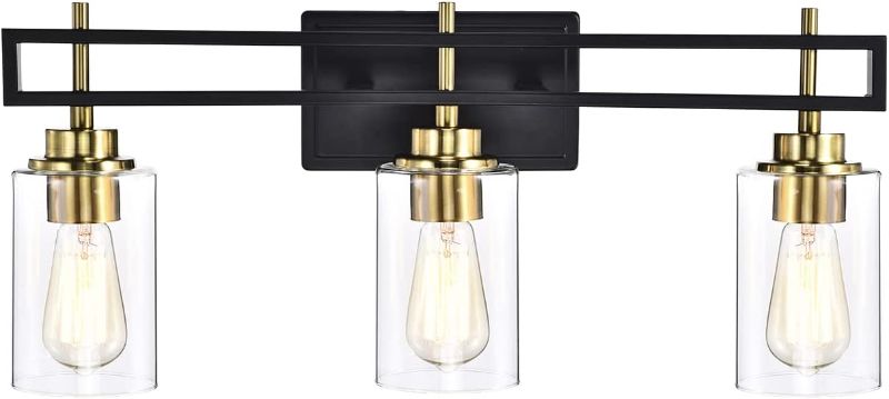 Photo 1 of 
Treekee Bathroom Light Fixtures, Gold Bathroom Wall Lights, Modern Black Vanity Light with Clear Glass Shade, Wall Lamp for Mirror Bedroom Living Room
Size: L 23.6"" *  W 6"" * 10.25""

Bulb Sizes: 3*E26, max 60w. (NOT INCLUDE)

Voltage: 120V~240V