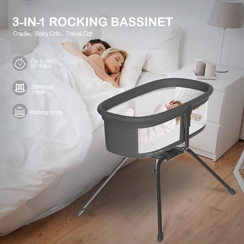 Photo 1 of ANGELBLISS 3 in 1 Rocking Bassinet & Baby Portable Travel Bassinet Bedside Crib, Side to Side Manual Rocking Motion Bassinet, Mattress Included (Black)
