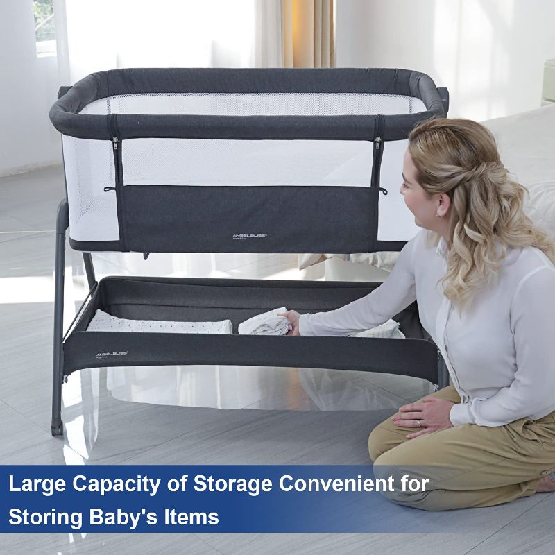 Photo 1 of ANGELBLISS Baby Bassinet Bedside Crib with Storage Basket and Wheels, Easy Folding Bed Side Sleeper Adjustable Height Portable Crib for Newborn
