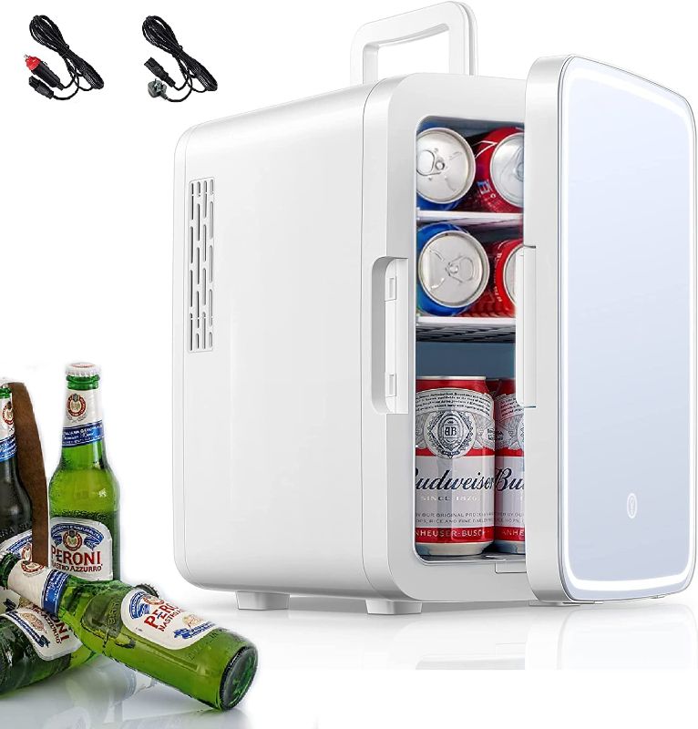 Photo 1 of 10 Liter/11 Can Mini Fridge with 3-Mode Led Adjustable & Mirror Design for Skin Care Cosmetic Makeup, 110V AC/12V DC Cooler & Warmer Small Refrigerator Perfect for Bedroom Dorm Car Office Desk, White (FRIDGE ONLY)

