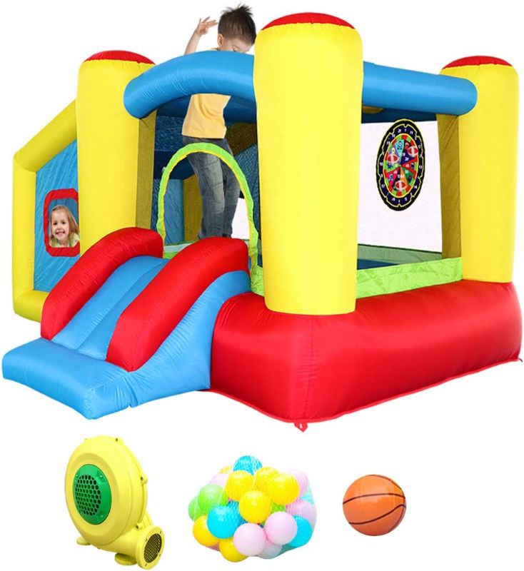 Photo 1 of WELLFUNTIME Inflatable Bounce House with Blower, Jumping Castle Slide, Kids Bouncer with Ball Pit, Basketball Rim, Dart Target Game
