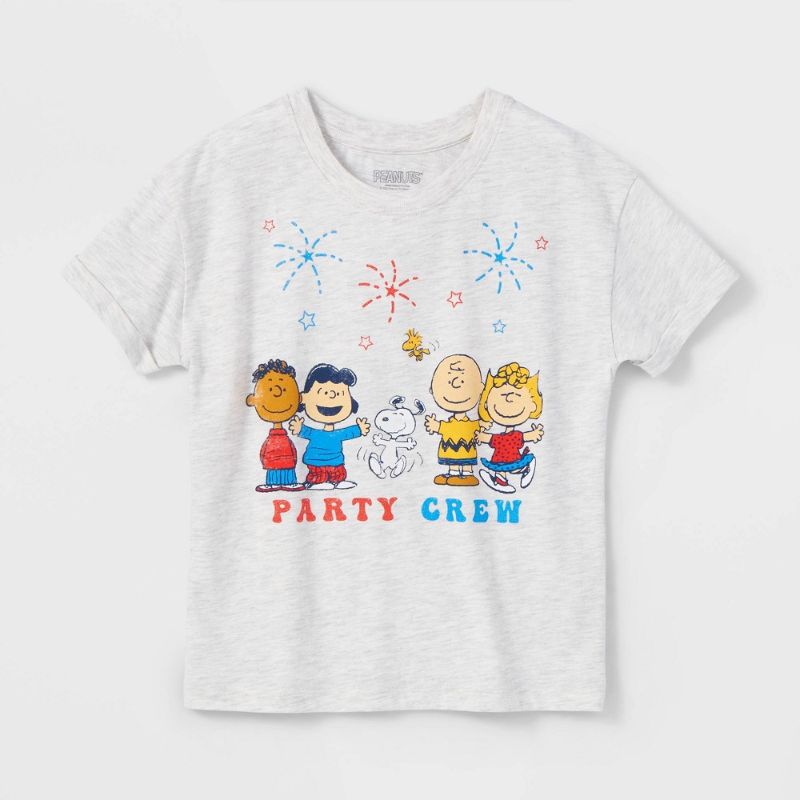 Photo 1 of Girls' Peanuts Americana Party Crew Cuff Short Sleeve Graphic T-Shirt - size small
