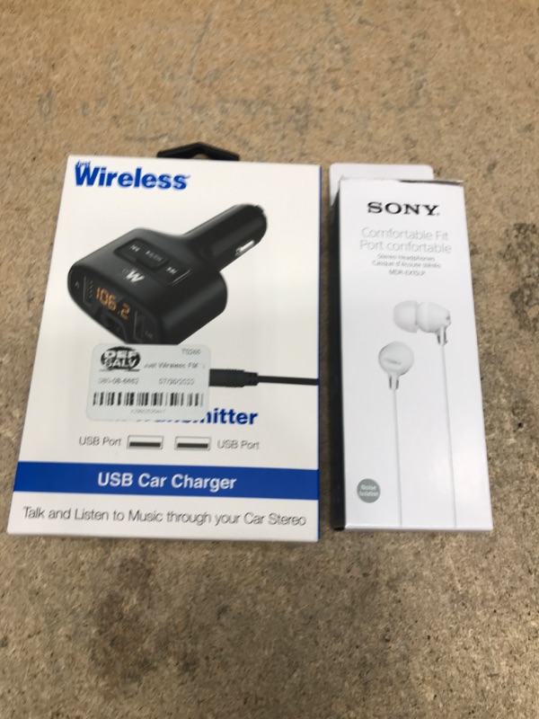 Photo 1 of 2 Item Bundle - Sony MDREX15LP In-Ear Wired Earbuds - White & Just Wireless FM Transmitter (3.5mm)  with 2.4A/12W 2-Port USB Car Charger - Black