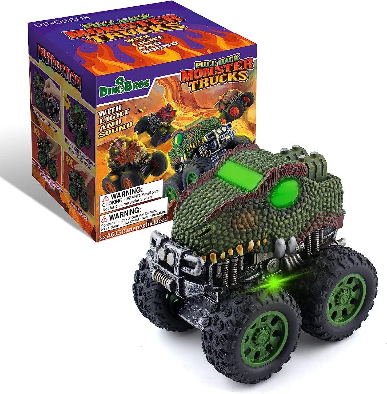 Photo 1 of (2 count)DINOBROS Dinosaur Toys for Boys Age 3 4 5 6 7 Monster Truck Dino Pull Back Car Toy with Light and Sound T-Rex
