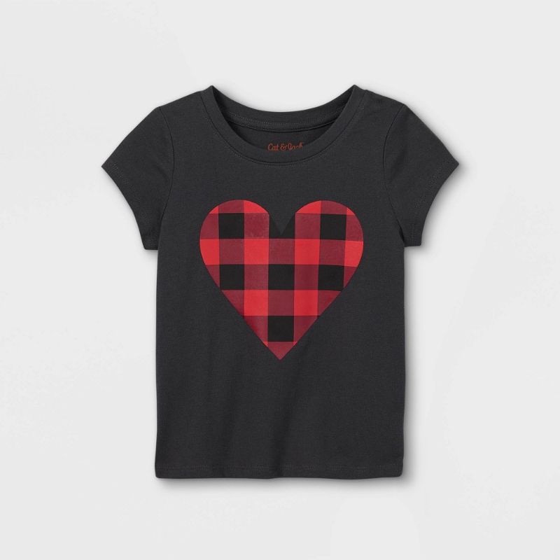 Photo 1 of 9pk-4t-Toddler Girls' Buffalo Check Heart Short Sleeve Graphic T-Shirt - Cat & Jack™ Dark
