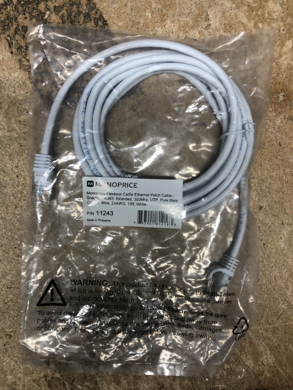 Photo 2 of Monoprice Cat5e Ethernet Patch Cable - 10 feet - White | Snagless RJ45, Stranded, 350Mhz, UTP, Pure Bare Copper Wire, 24AWG - Flexboot Series White 10ft