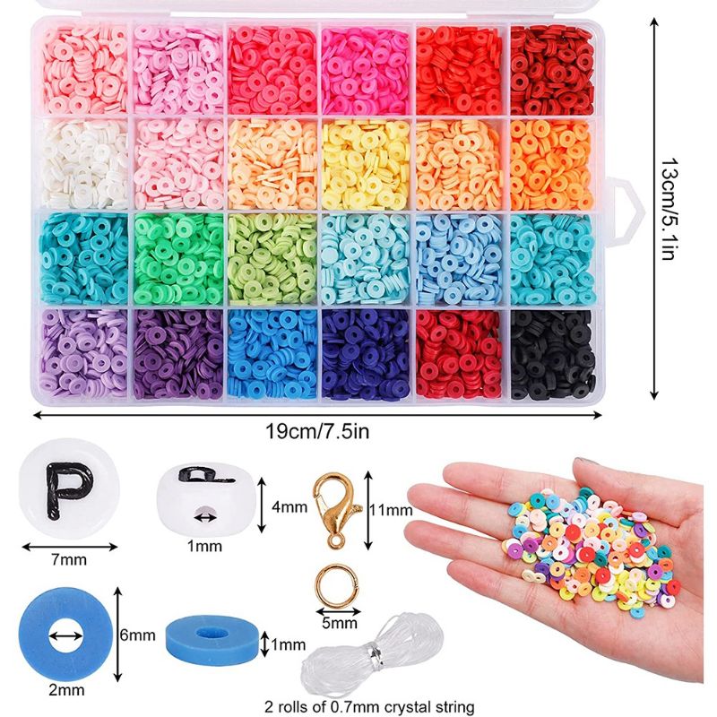 Photo 1 of  5165Pcs Clay Spacer Beads,Flat Round Beads,Preppy Beads 6mm,Including Gold Plated Metal Beads,with Elastic Cords for Jewelry Making,23 Rainbow Colors
