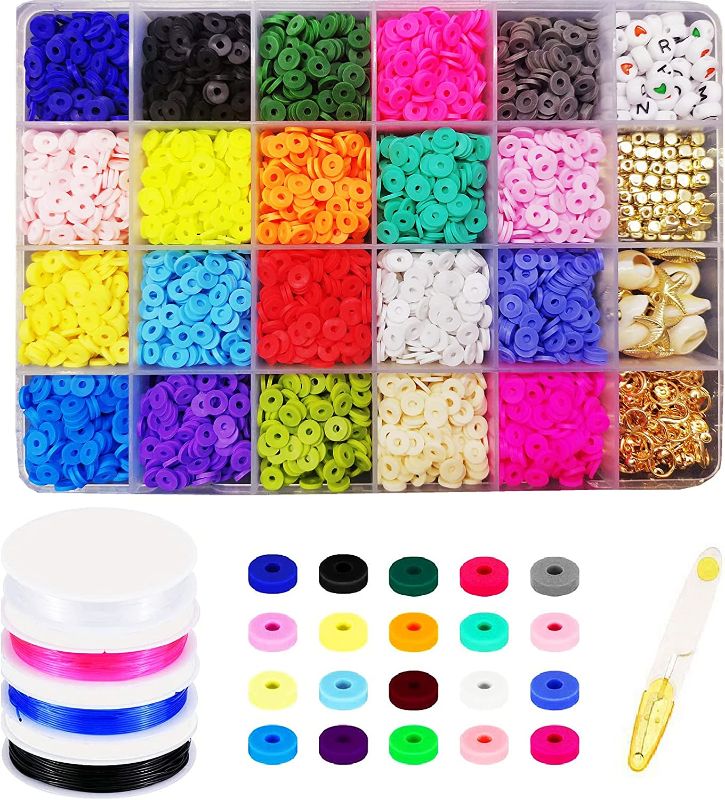 Photo 1 of 5000Pcs Flat Round Clay Beads for Jewelry Making Kit. 20Colors 6mm Clay Heishi Beads with Letter and Heart Beads, Pendants, Jump Rings, Elastic String for DIY Bracelets Necklace Earring Kit
