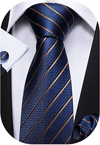 Photo 1 of BARRY WANG STRIPE MEN TIES SET CLASSIC WOVEN NECKTIE WITH HANDKERCHIEF CUFFLINKS FORMAL BLUE GOLD 