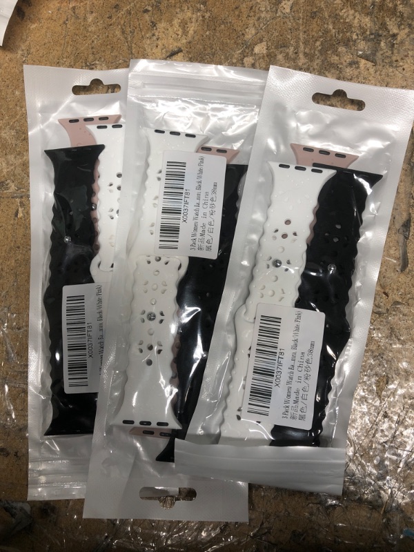 Photo 2 of 3PCKS OF 3 Pack Women Watch Band - Compatible with Apple Watch Band 38mm 40mm 44mm 42mm 45mm 41mm, Thin Slim Sports Lace Silicone Hollow Out iWatch Strap for iWatch Series 8 7 6 5 4 3 2 1 SE (38/40/41mm, A-Black/White/Pink)