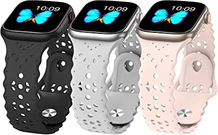 Photo 1 of 3PCKS OF 3 Pack Women Watch Band - Compatible with Apple Watch Band 38mm 40mm 44mm 42mm 45mm 41mm, Thin Slim Sports Lace Silicone Hollow Out iWatch Strap for iWatch Series 8 7 6 5 4 3 2 1 SE (38/40/41mm, A-Black/White/Pink)