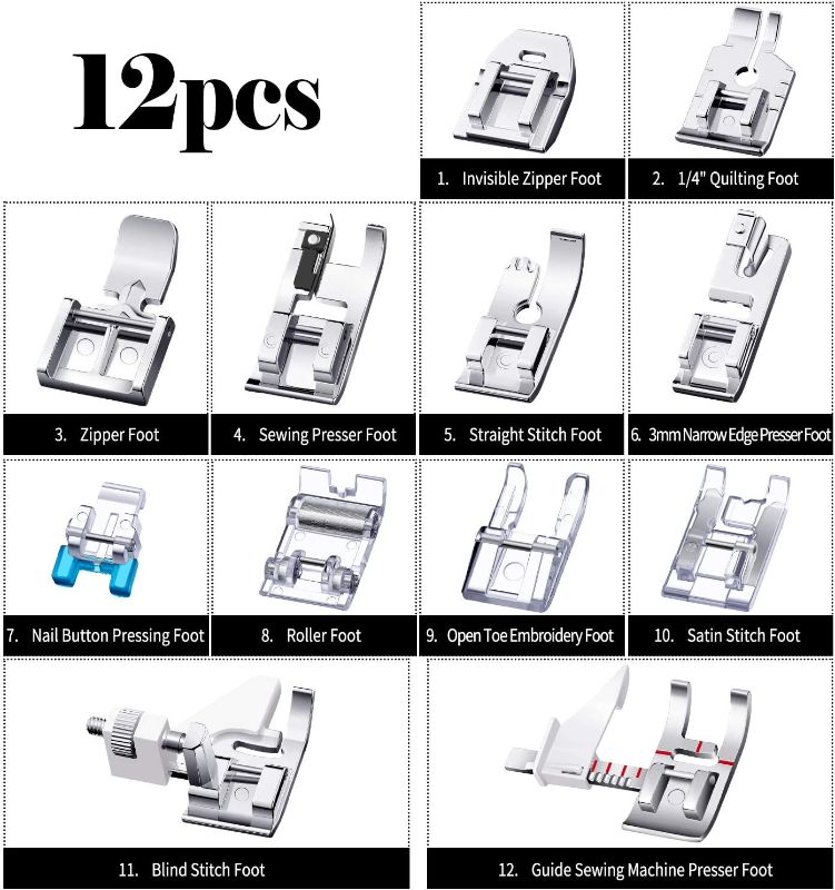 Photo 1 of 12 Pieces Sewing Machine Presser Foot Set Sewing Machine Spare Parts Accessories Multifunctional Sewing Foot Presser for Low Shank Sewing Machine, Compatible with Brother Singer Janome Toyota
