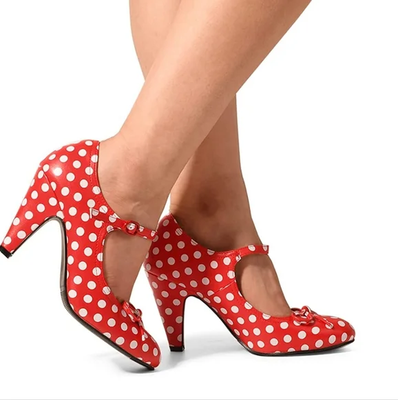 Photo 1 of Oripalla Red white polka dot bow retro Mary Jane pinup pumps heels shoes 11
