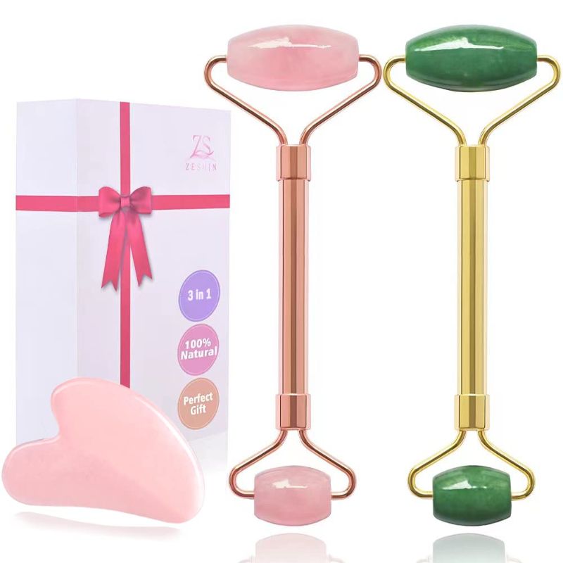 Photo 1 of ?2 Pack?Jade Facial Roller & Rose Quartz Face Roller for Wrinkles Anti-Aging and Eye Puffiness, Natural Stone Face Massager Roller for Keeping Youthful Skin Tone and Sinus Pressure Relief
