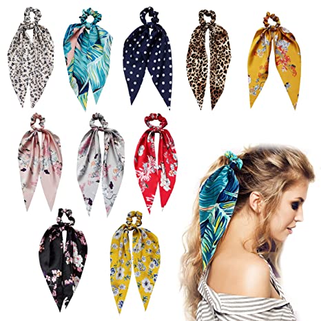 Photo 1 of Satin and Chiffon Detachable Hair Scarf Scrunchies,10 Pcs