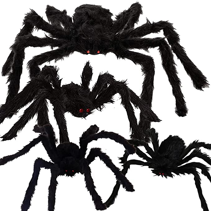 Photo 1 of 4Pcs Halloween Hairy Spiders Set, Scary Realistic Spider Props Outdoor Halloween Decorations, Black Giant Fake Spiders for Patio Yard Garden Lawn Halloween Party Favor Decor (35.5", 24", 12")
