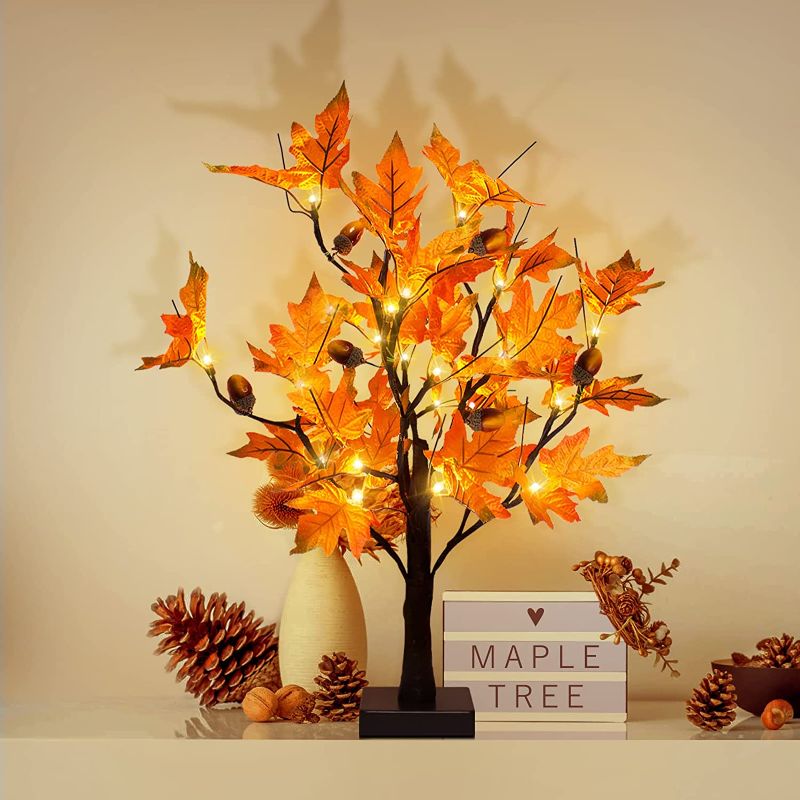 Photo 1 of 24-inch Fall Lighted Maple Tree with Acorns, 24 LED Lights, Battery Operated Thanksgiving Table Centerpieces Decoration Artificial Tree for Home Desktop Fireplace Autumn Harvest Tabletop Indoor Decor