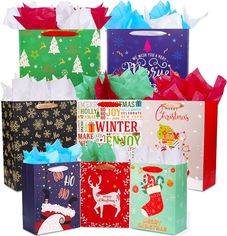 Photo 1 of 24 PCS Christmas Gift Bags Assorted Sizes with Tissue Paper, Includes 6 Extra Large, 9 Large, 9 Medium with Ribbon Handles, Gift Bags Christmas for Wrapping Holiday Gifts, Holiday Present Wrap Décor
