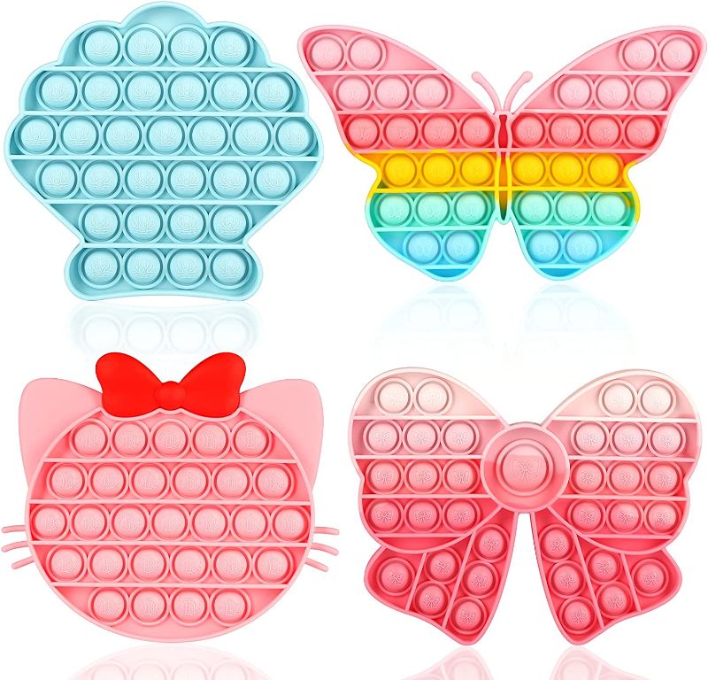 Photo 1 of Asona Girls Push Bubble Fidget Toys 4 Packs with Pop Sound, Pastel Rainbow Butterfly Pink Cute Kitten Cat Bow Blue Seashell Popper Autism Sensory Stress Reliever Toys for Toddlers Kids Car Travel
