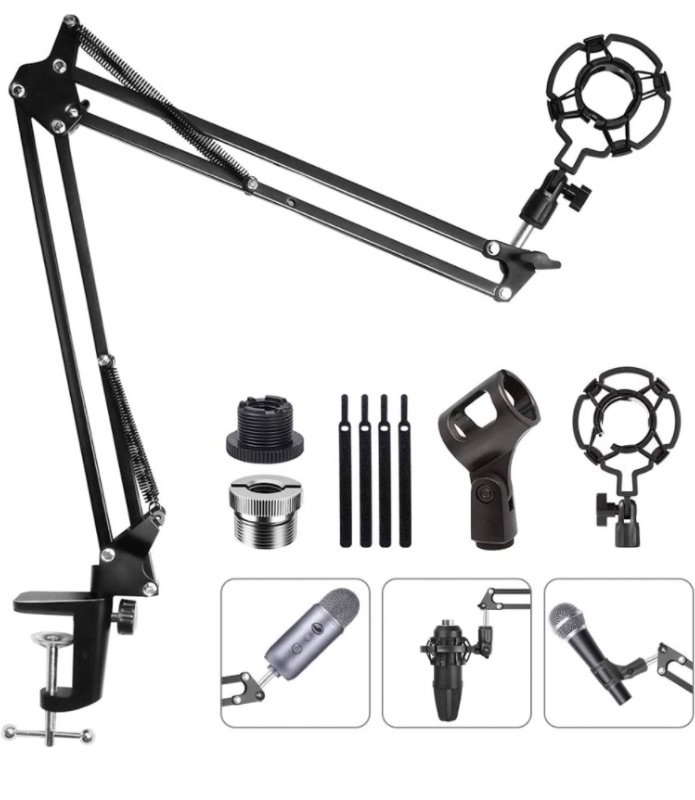 Photo 1 of Upgraded Adjustable Microphone Suspension Boom Scissor Arm Stand with Shock Mount Mic Clip Holder 3/8’’ to 5/8’’ Screw Adapter -for Blue Yeti, Snowball & Other Microphones (stand with adapter)