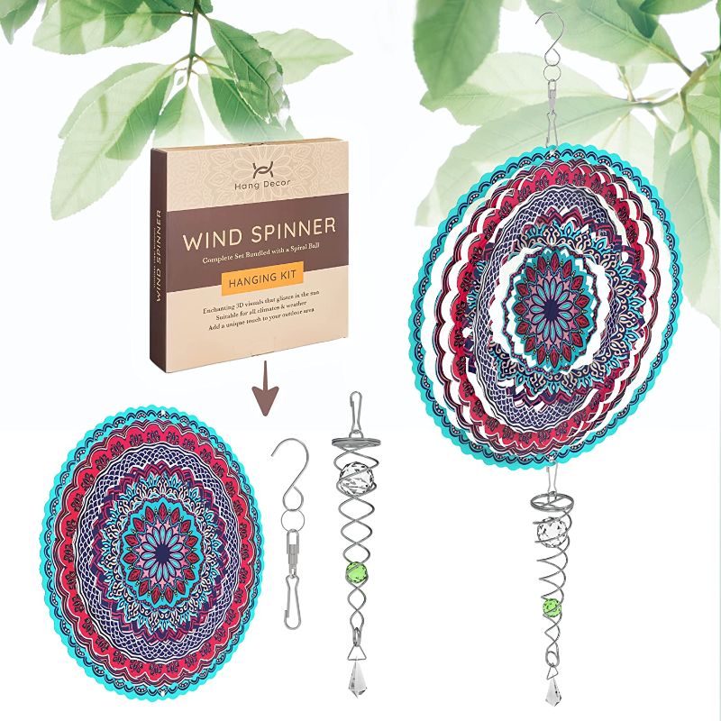 Photo 1 of Aesthetic Hanging Wind Spinner Set - Dazzling 3D Mandala Kinetic Art Kit with Dual Helix Tail and Two Spiral Crystals - Beautiful 12 Inch Stainless Steel Wind Spinners for Yard and Garden Décor