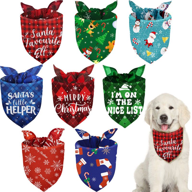 Photo 1 of 10 Pieces Christmas Dog Bandanas Triangle Scarf Pet Snowman Bandanas Adjustable Pure Cotton Soft Pets Bibs Accessories for Small, Middle Large Dogs