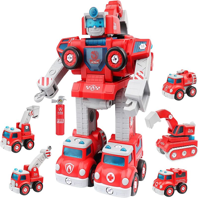 Photo 1 of Asarly Fire Truck Toys Set, 5 in 1 Take Apart Robot Toys Set Construction Toys for 5 6 7 Year Old Boys Vehicles Deformed into Robot Building Toys for Kids Gift (Fire Truck)